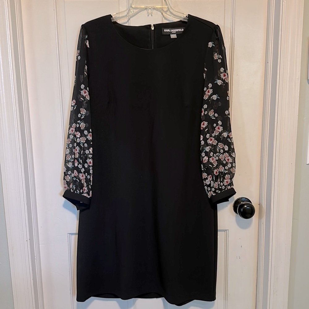 Karl Lagerfeld Paris black A-Line dress with sheer floral sleeves size 12